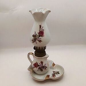 Vintage Moss Rose Small Oil Lamp & Ashtray 8"